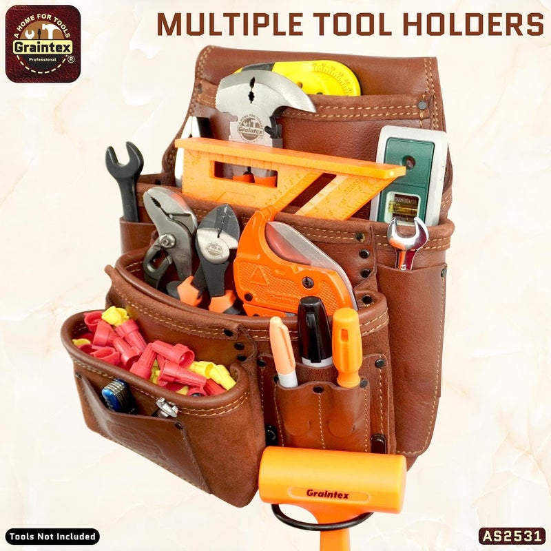 Graintex Ambassador Series 10 Pocket Framers Professional Nail & Tool Pouch Durable and Versatile Genuine Top Grain Leather for Framers, Constructors, Handyman - Chestnut Brown, Left Handed - Image 4
